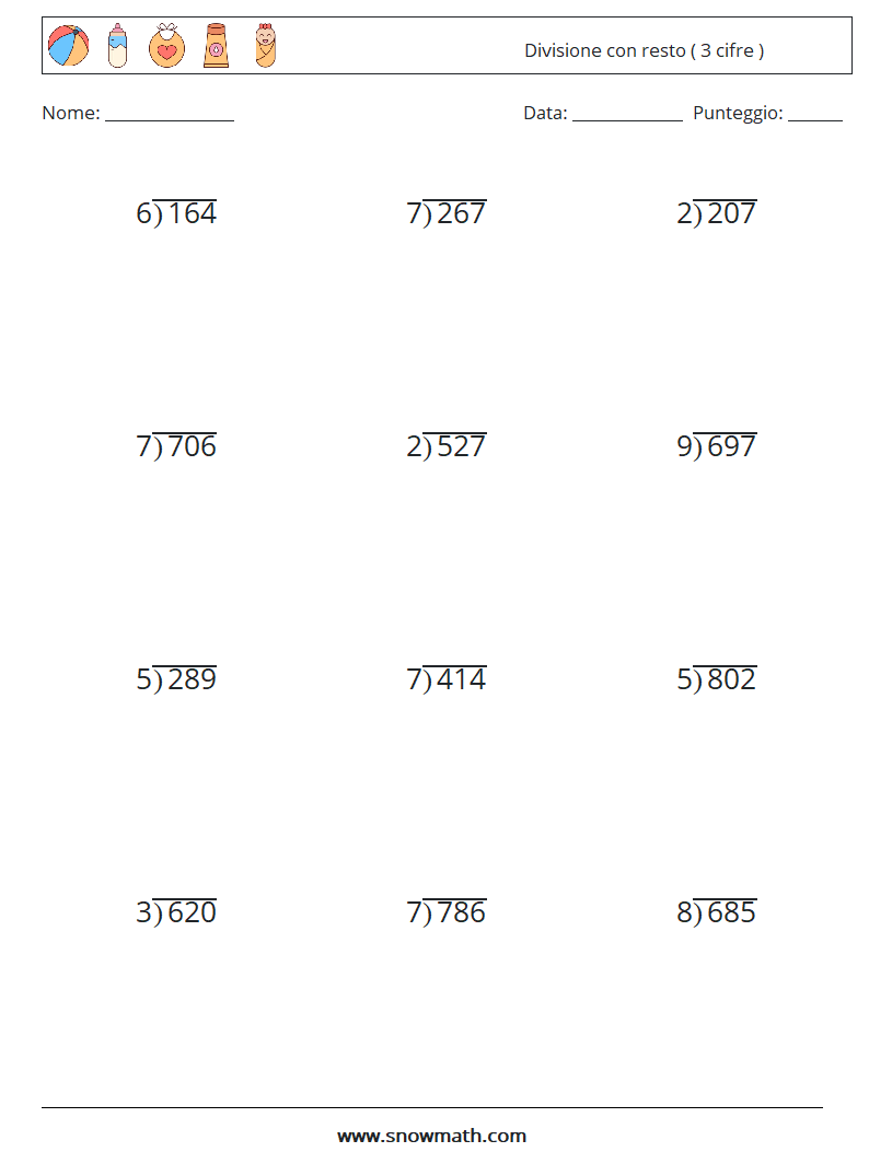(12) Divisione con resto ( 3 cifre ) Fogli di lavoro di matematica 3