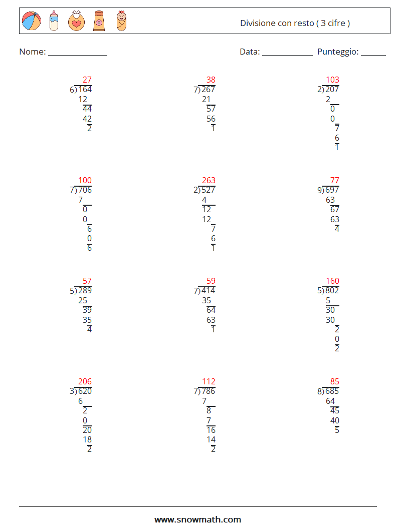 (12) Divisione con resto ( 3 cifre ) Fogli di lavoro di matematica 3 Domanda, Risposta