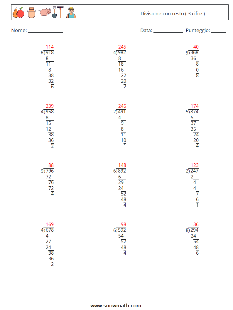 (12) Divisione con resto ( 3 cifre ) Fogli di lavoro di matematica 4 Domanda, Risposta