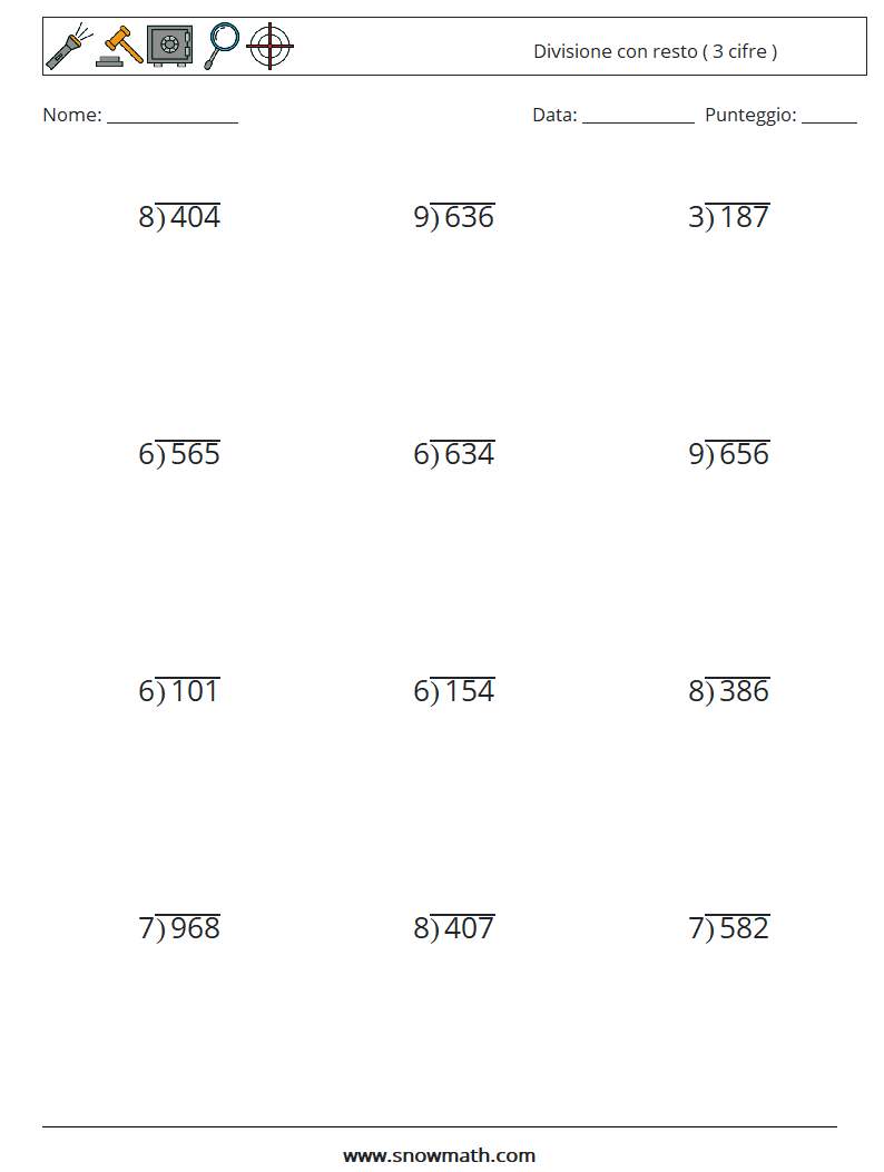 (12) Divisione con resto ( 3 cifre ) Fogli di lavoro di matematica 6