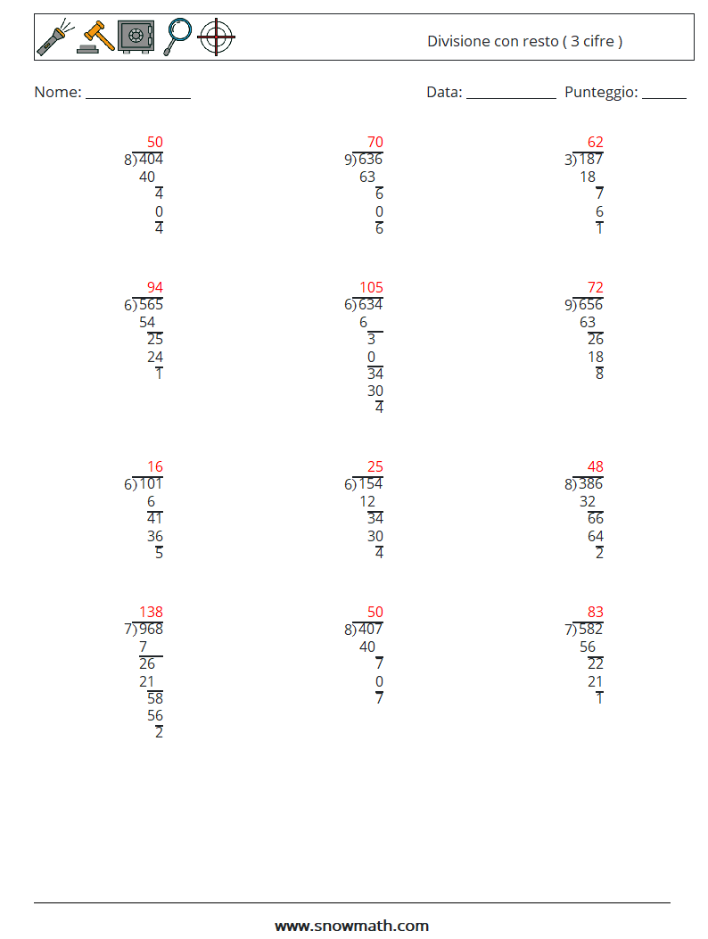 (12) Divisione con resto ( 3 cifre ) Fogli di lavoro di matematica 6 Domanda, Risposta