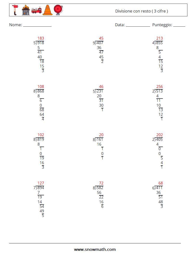 (12) Divisione con resto ( 3 cifre ) Fogli di lavoro di matematica 7 Domanda, Risposta