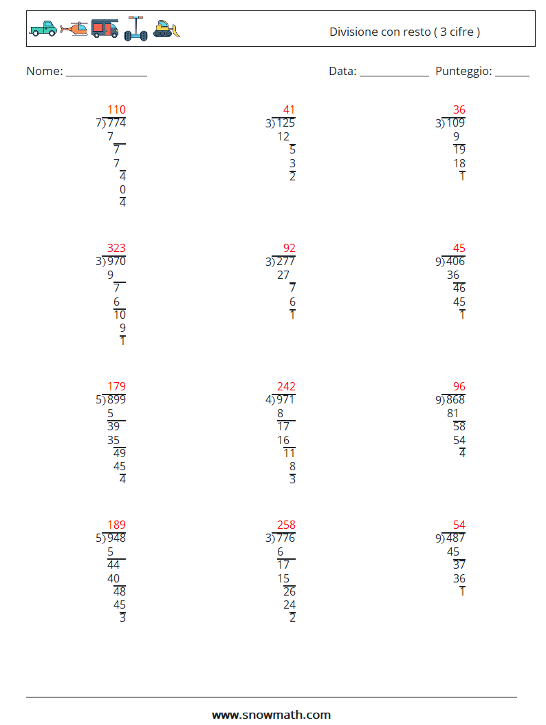 (12) Divisione con resto ( 3 cifre ) Fogli di lavoro di matematica 8 Domanda, Risposta