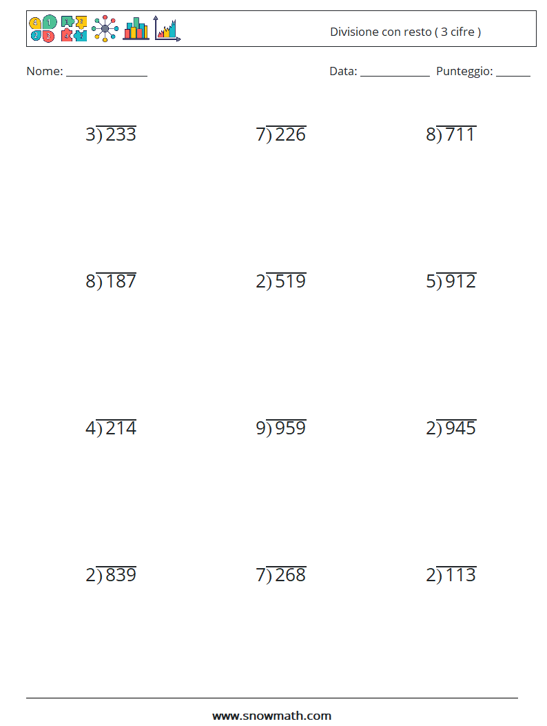 (12) Divisione con resto ( 3 cifre ) Fogli di lavoro di matematica 9