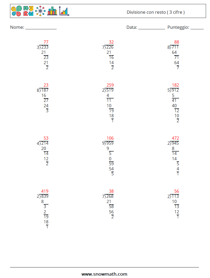 (12) Divisione con resto ( 3 cifre ) Fogli di lavoro di matematica 9 Domanda, Risposta