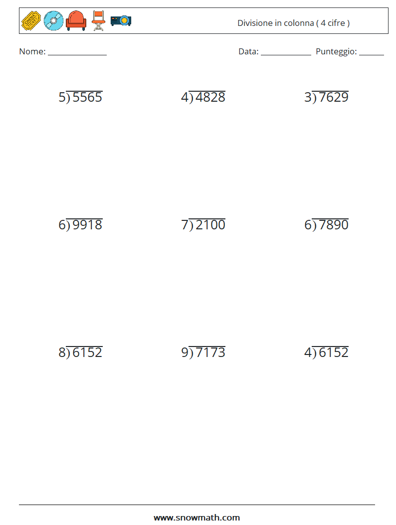 (9) Divisione in colonna ( 4 cifre ) Fogli di lavoro di matematica 10