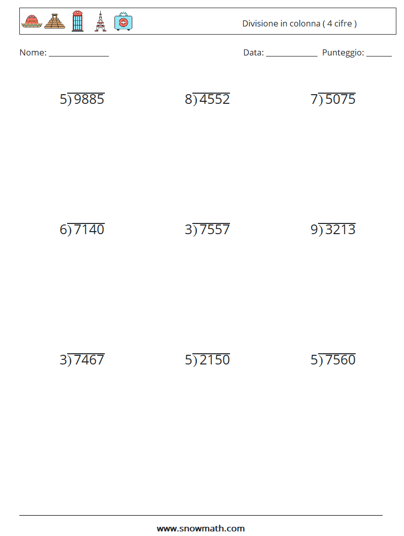 (9) Divisione in colonna ( 4 cifre ) Fogli di lavoro di matematica 12