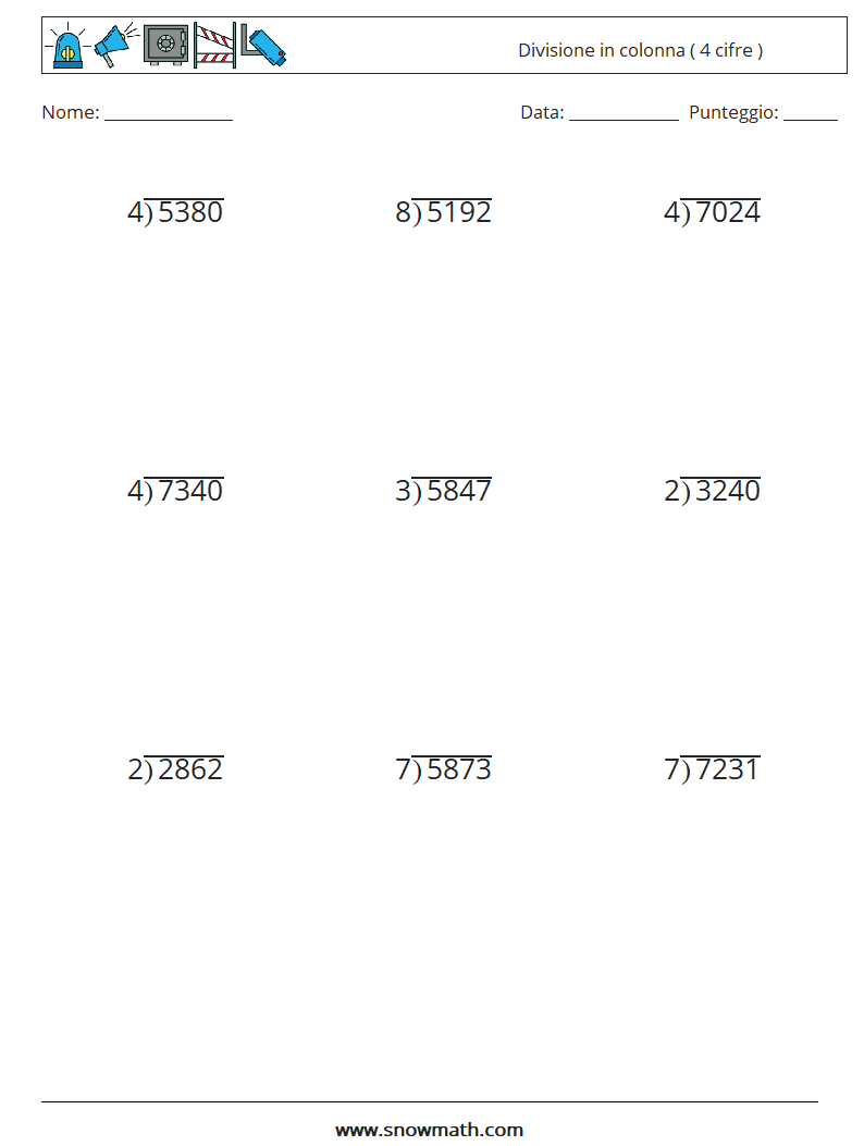 (9) Divisione in colonna ( 4 cifre ) Fogli di lavoro di matematica 13