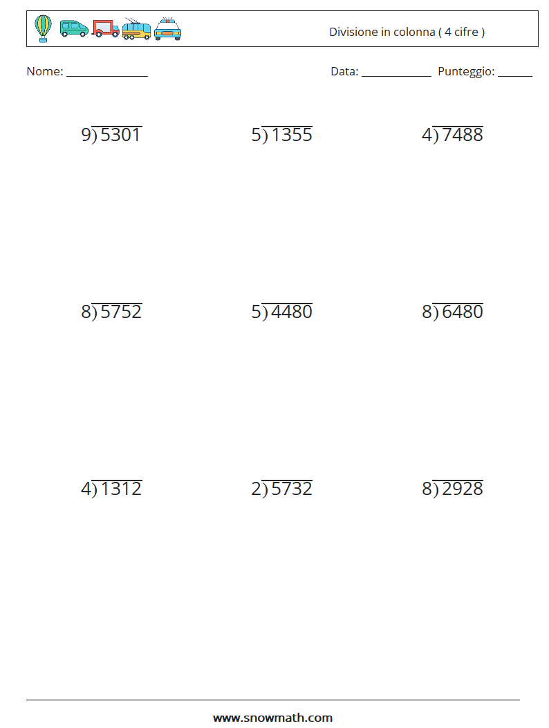 (9) Divisione in colonna ( 4 cifre ) Fogli di lavoro di matematica 15
