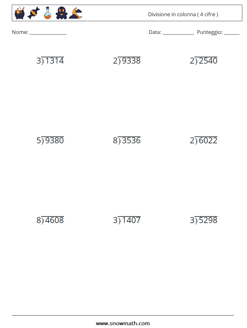 (9) Divisione in colonna ( 4 cifre ) Fogli di lavoro di matematica 17