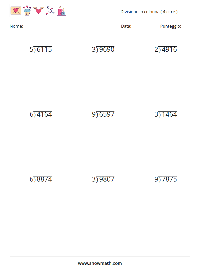 (9) Divisione in colonna ( 4 cifre ) Fogli di lavoro di matematica 18
