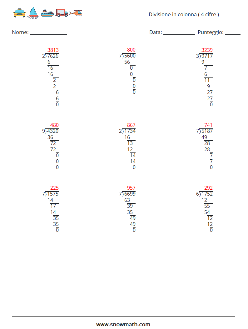 (9) Divisione in colonna ( 4 cifre ) Fogli di lavoro di matematica 3 Domanda, Risposta