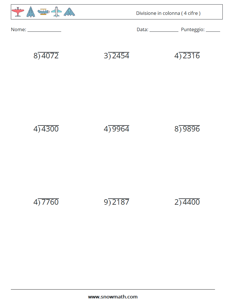 (9) Divisione in colonna ( 4 cifre ) Fogli di lavoro di matematica 4