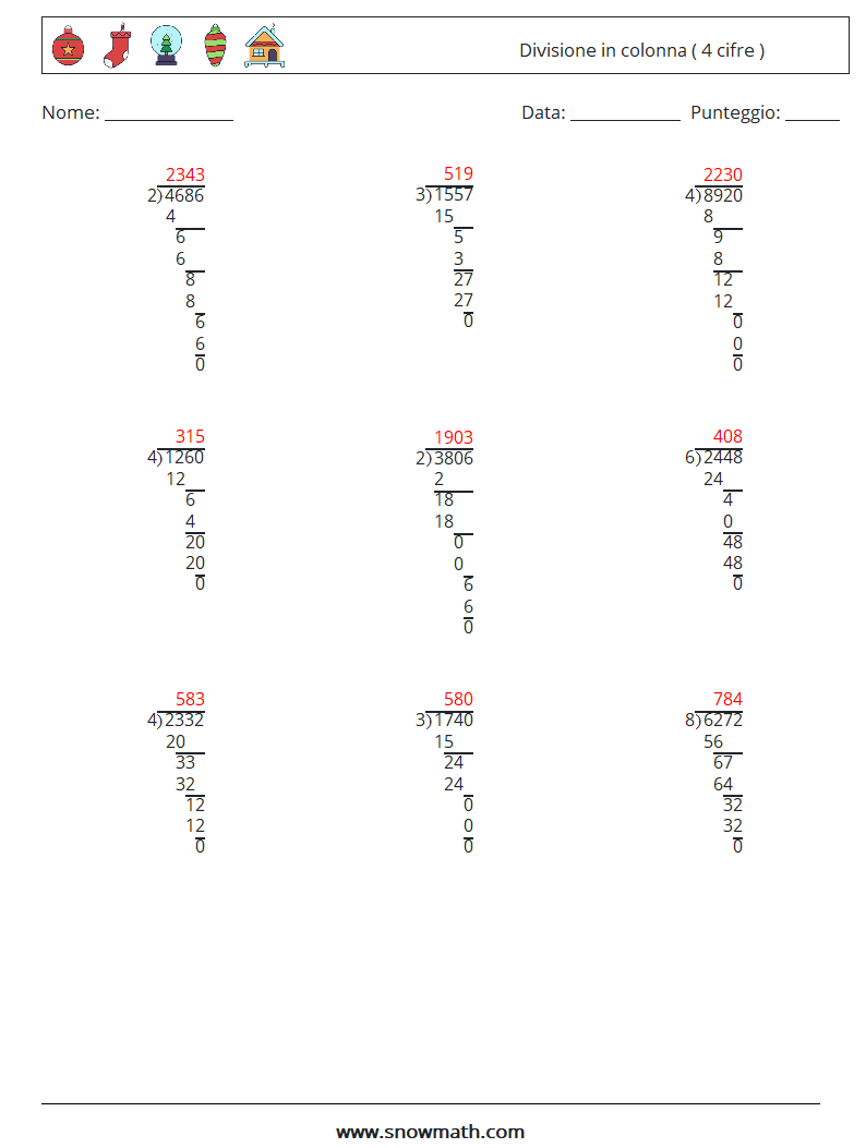 (9) Divisione in colonna ( 4 cifre ) Fogli di lavoro di matematica 6 Domanda, Risposta