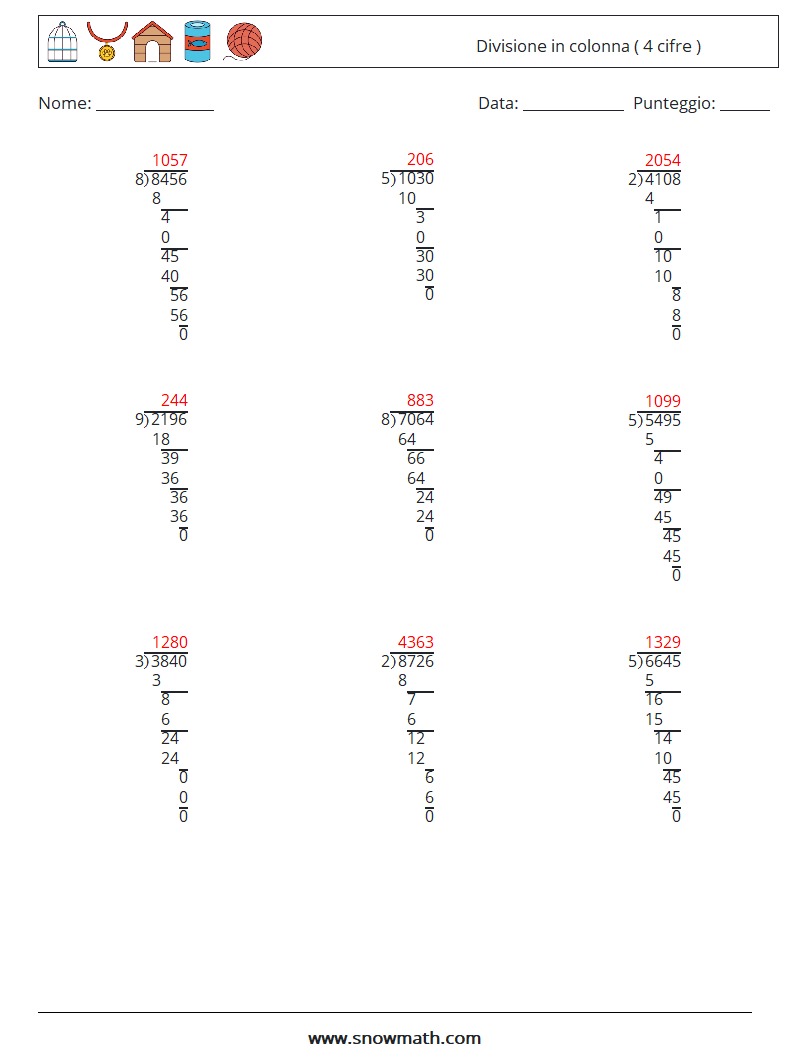 (9) Divisione in colonna ( 4 cifre ) Fogli di lavoro di matematica 7 Domanda, Risposta