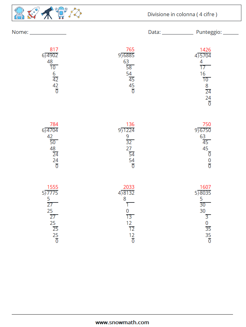 (9) Divisione in colonna ( 4 cifre ) Fogli di lavoro di matematica 8 Domanda, Risposta