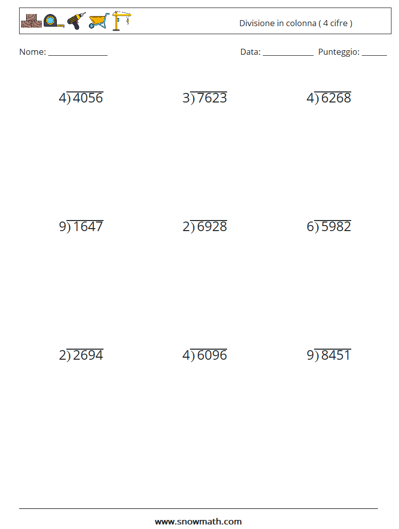 (9) Divisione in colonna ( 4 cifre ) Fogli di lavoro di matematica 9
