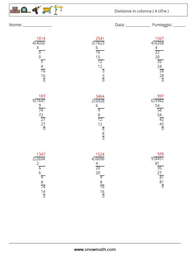 (9) Divisione in colonna ( 4 cifre ) Fogli di lavoro di matematica 9 Domanda, Risposta