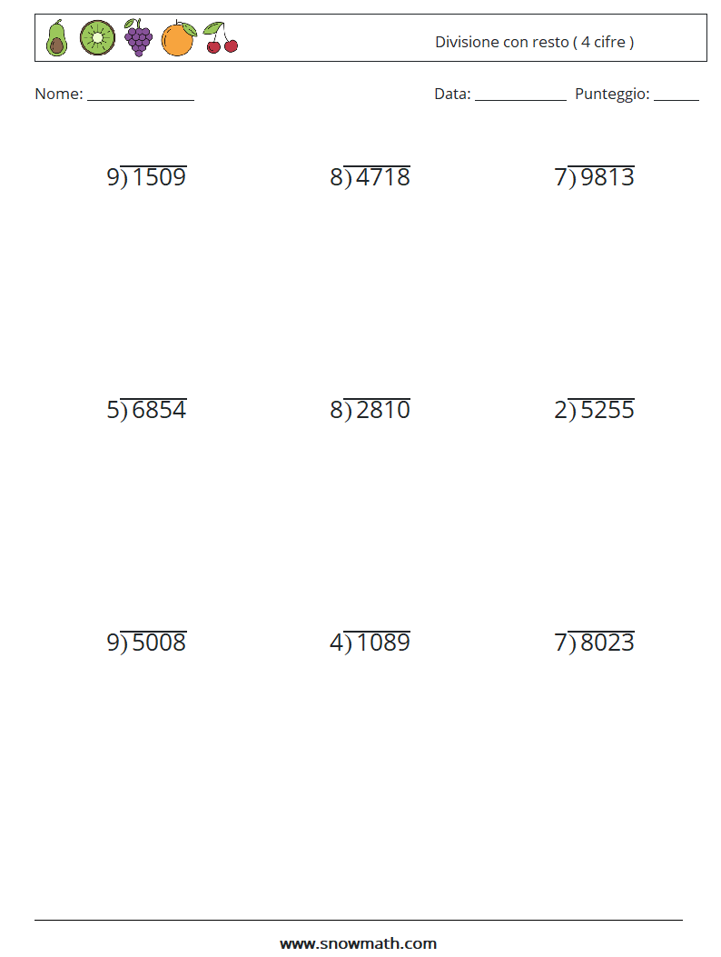 (9) Divisione con resto ( 4 cifre ) Fogli di lavoro di matematica 10