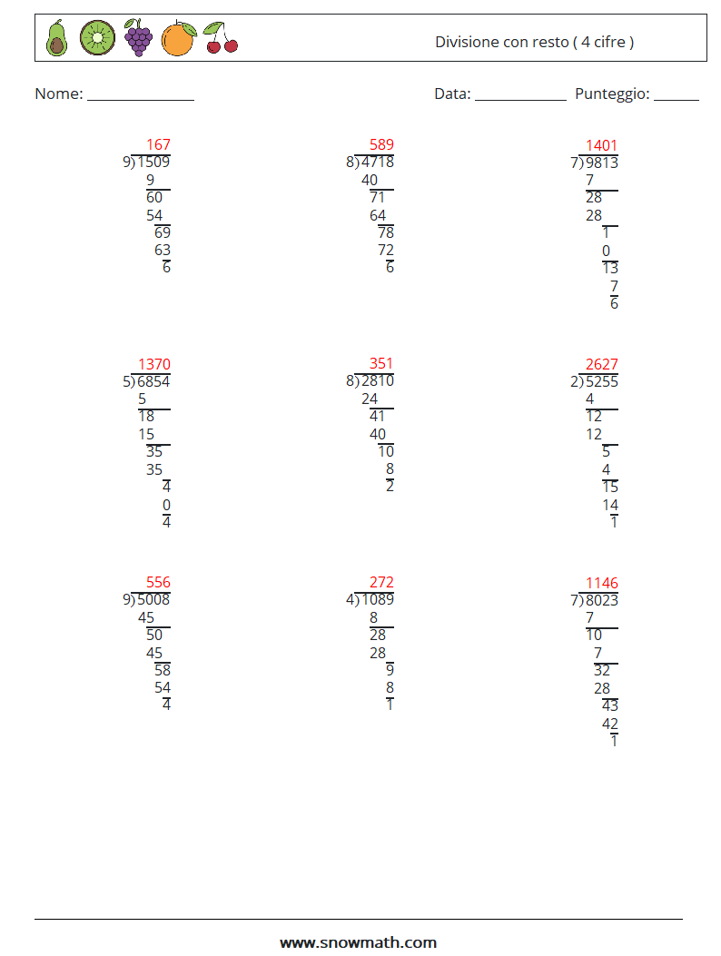 (9) Divisione con resto ( 4 cifre ) Fogli di lavoro di matematica 10 Domanda, Risposta