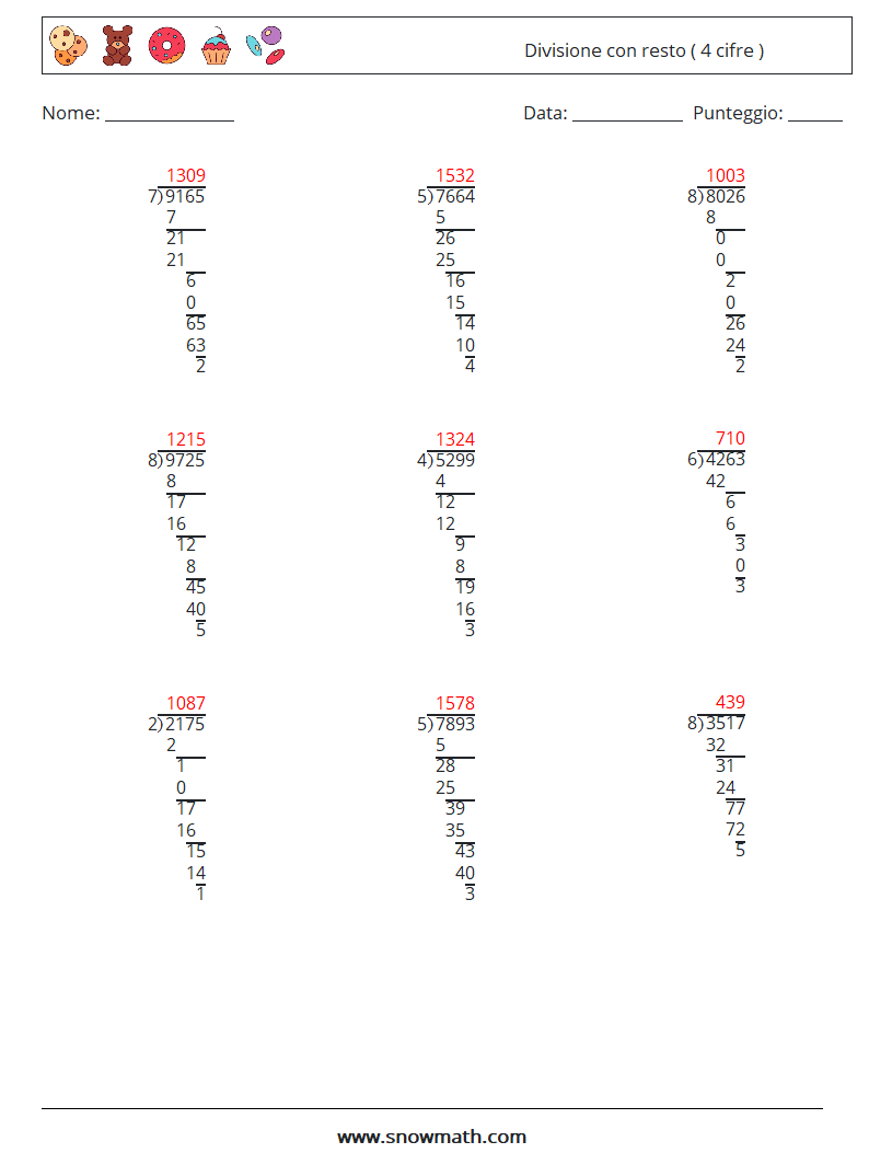 (9) Divisione con resto ( 4 cifre ) Fogli di lavoro di matematica 11 Domanda, Risposta