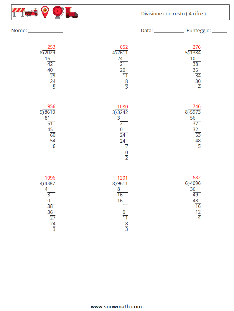 (9) Divisione con resto ( 4 cifre ) Fogli di lavoro di matematica 12 Domanda, Risposta