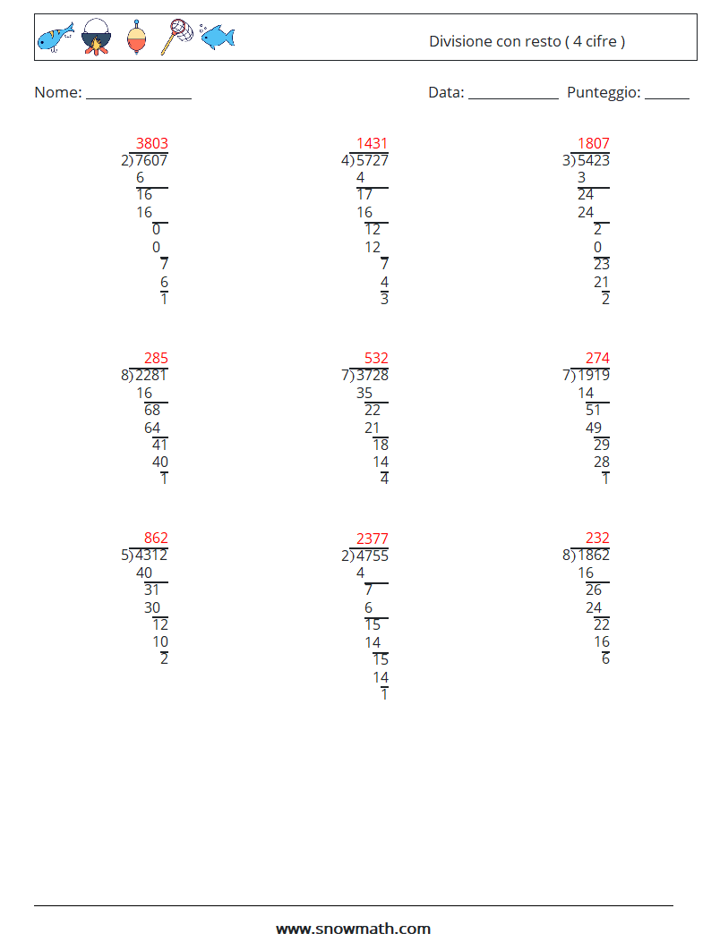 (9) Divisione con resto ( 4 cifre ) Fogli di lavoro di matematica 13 Domanda, Risposta