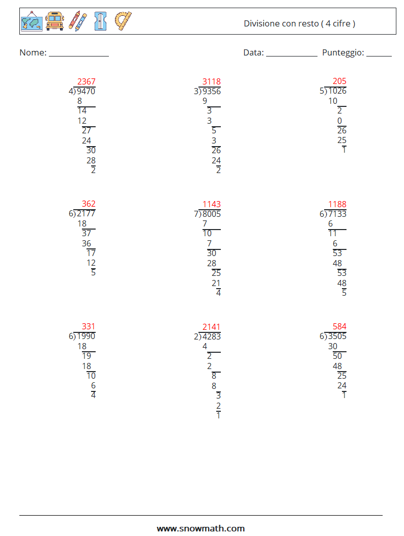 (9) Divisione con resto ( 4 cifre ) Fogli di lavoro di matematica 14 Domanda, Risposta