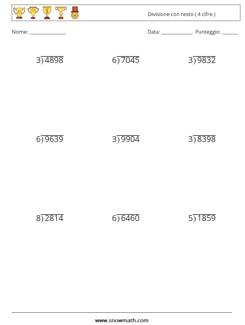 (9) Divisione con resto ( 4 cifre ) Fogli di lavoro di matematica 15