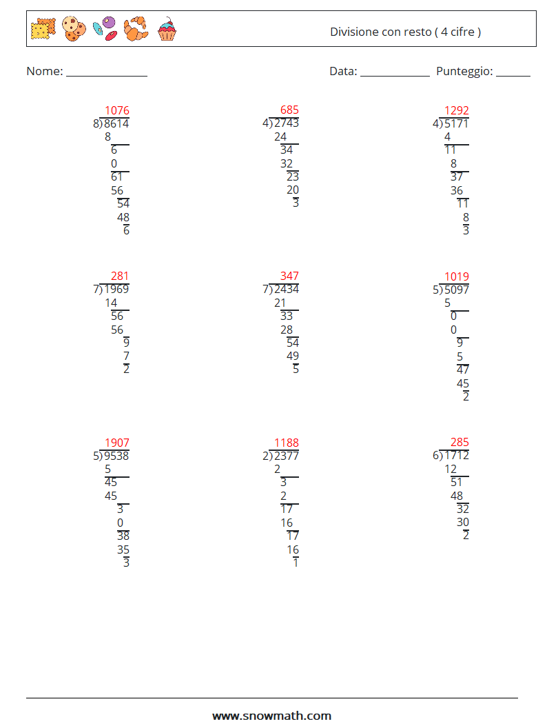 (9) Divisione con resto ( 4 cifre ) Fogli di lavoro di matematica 17 Domanda, Risposta