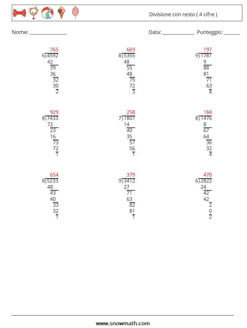 (9) Divisione con resto ( 4 cifre ) Fogli di lavoro di matematica 18 Domanda, Risposta