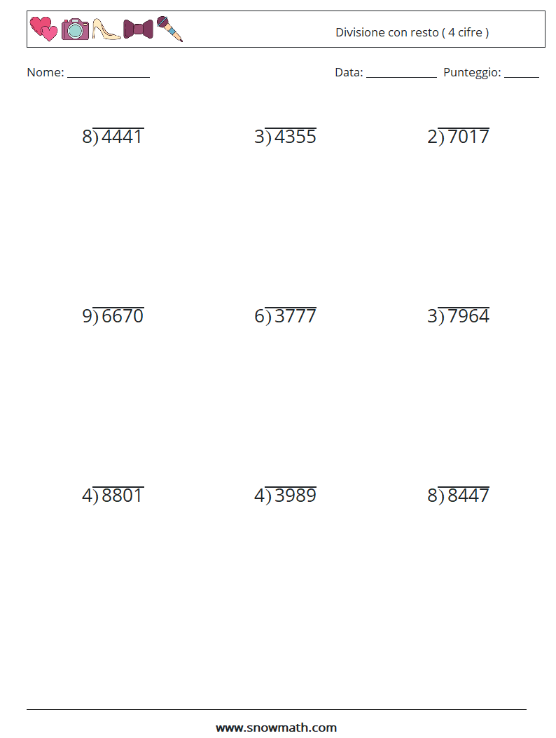 (9) Divisione con resto ( 4 cifre ) Fogli di lavoro di matematica 4