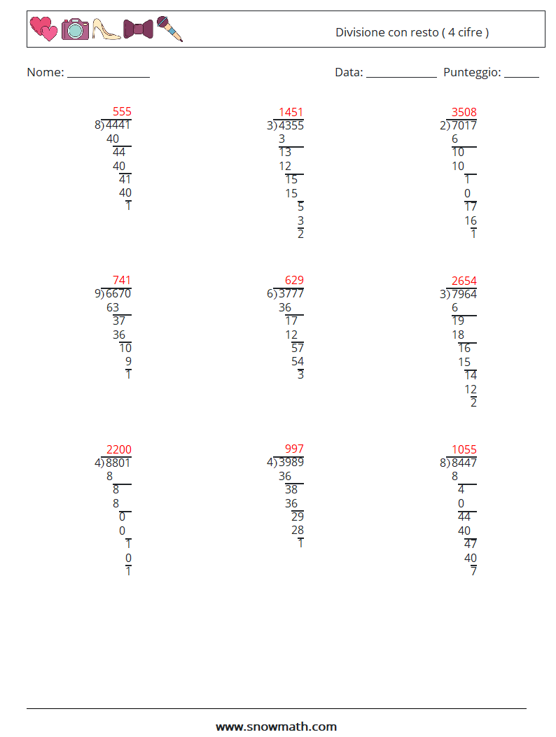 (9) Divisione con resto ( 4 cifre ) Fogli di lavoro di matematica 4 Domanda, Risposta