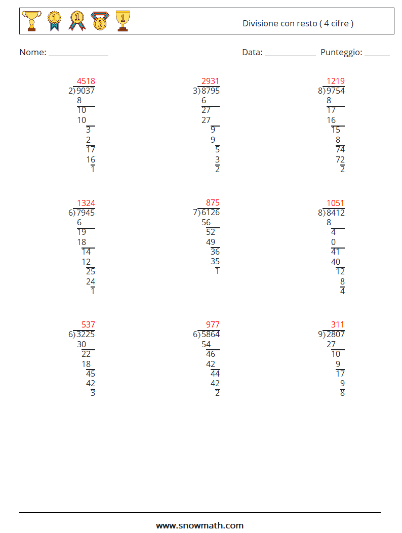 (9) Divisione con resto ( 4 cifre ) Fogli di lavoro di matematica 6 Domanda, Risposta
