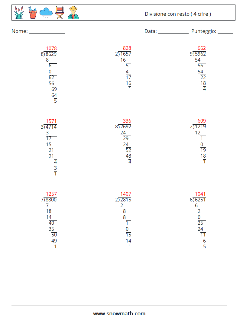 (9) Divisione con resto ( 4 cifre ) Fogli di lavoro di matematica 7 Domanda, Risposta