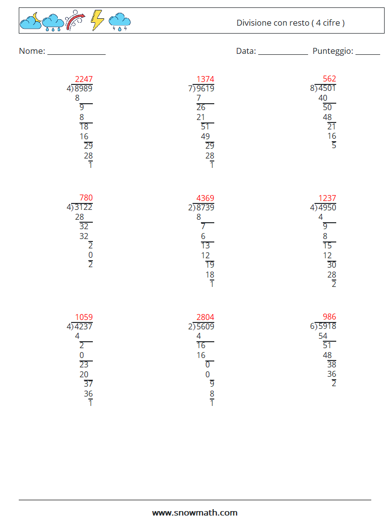 (9) Divisione con resto ( 4 cifre ) Fogli di lavoro di matematica 9 Domanda, Risposta