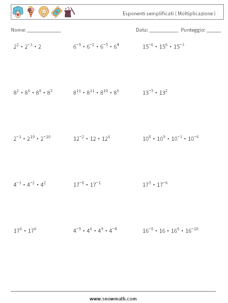 Esponenti semplificati ( Moltiplicazione ) Fogli di lavoro di matematica 1