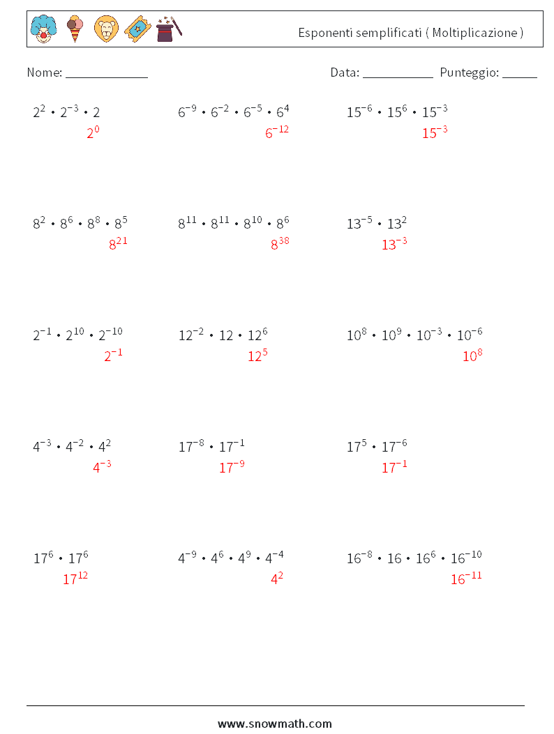 Esponenti semplificati ( Moltiplicazione ) Fogli di lavoro di matematica 1 Domanda, Risposta