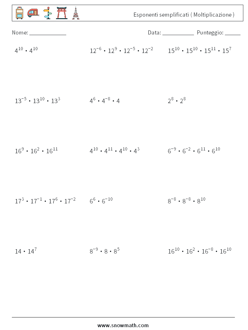 Esponenti semplificati ( Moltiplicazione ) Fogli di lavoro di matematica 2