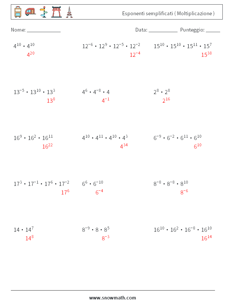 Esponenti semplificati ( Moltiplicazione ) Fogli di lavoro di matematica 2 Domanda, Risposta