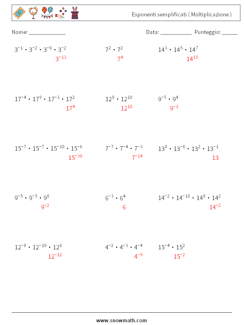 Esponenti semplificati ( Moltiplicazione ) Fogli di lavoro di matematica 4 Domanda, Risposta