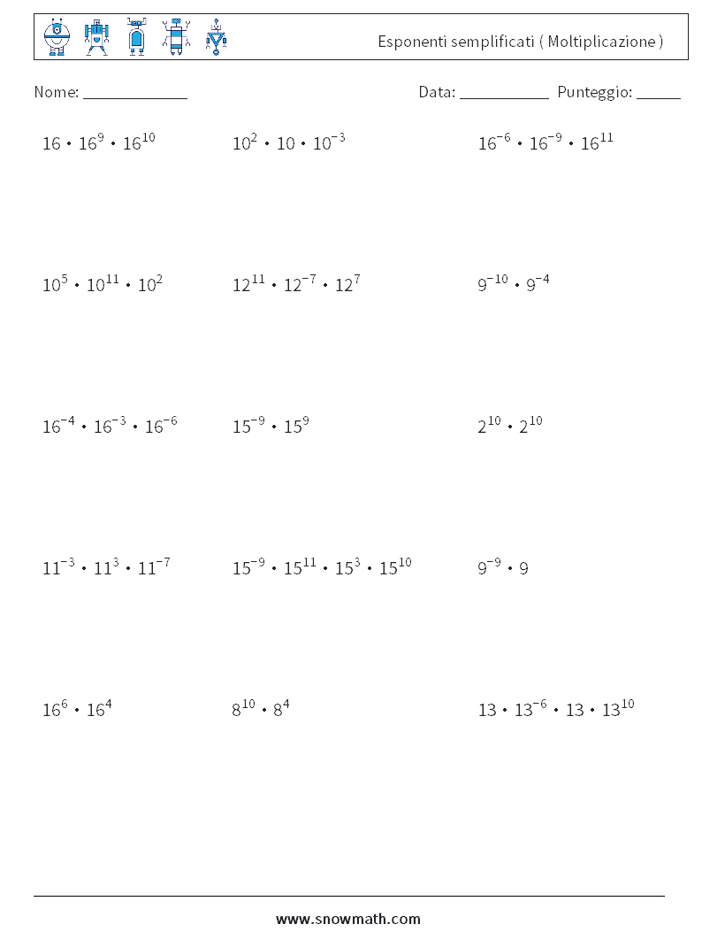 Esponenti semplificati ( Moltiplicazione ) Fogli di lavoro di matematica 5