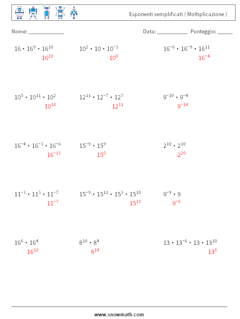 Esponenti semplificati ( Moltiplicazione ) Fogli di lavoro di matematica 5 Domanda, Risposta