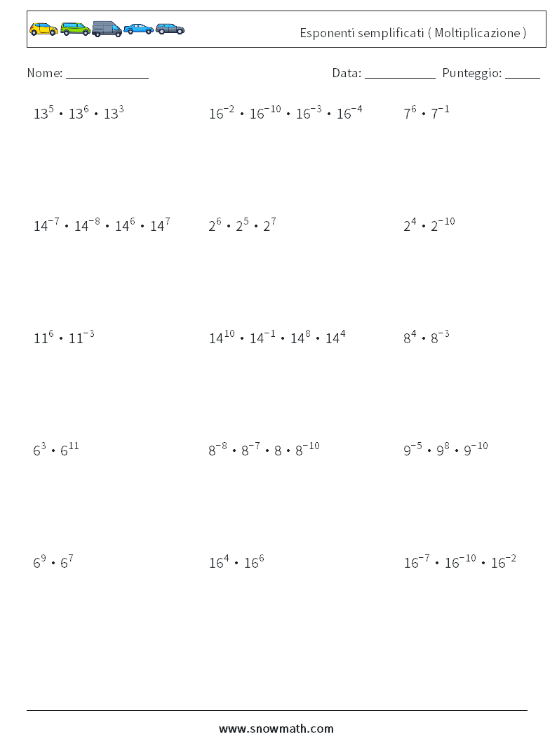 Esponenti semplificati ( Moltiplicazione ) Fogli di lavoro di matematica 6