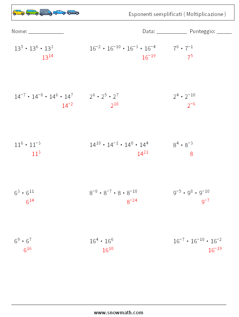 Esponenti semplificati ( Moltiplicazione ) Fogli di lavoro di matematica 6 Domanda, Risposta