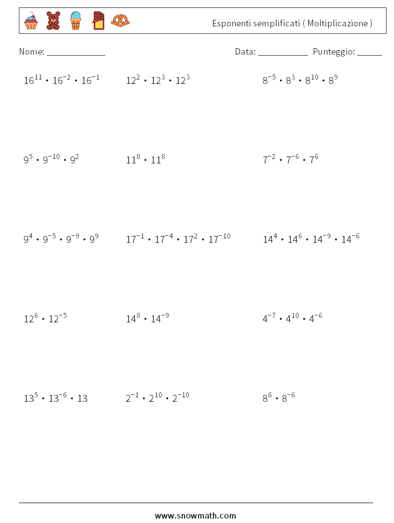 Esponenti semplificati ( Moltiplicazione ) Fogli di lavoro di matematica 7