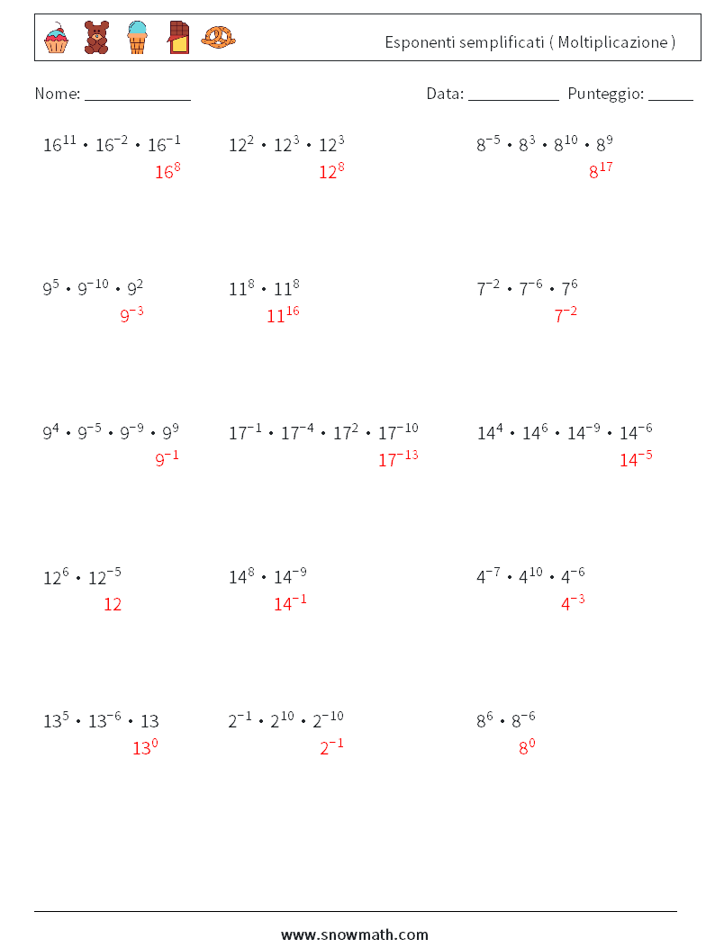 Esponenti semplificati ( Moltiplicazione ) Fogli di lavoro di matematica 7 Domanda, Risposta