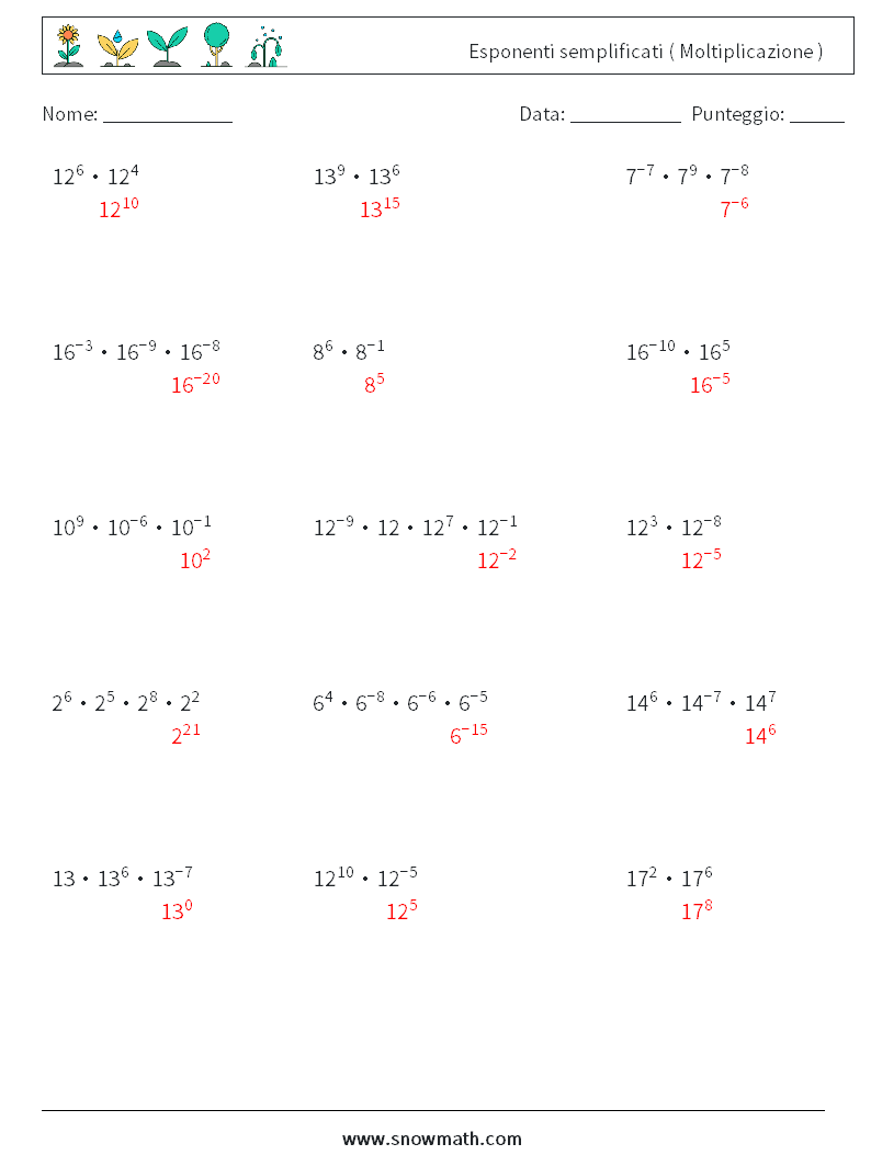 Esponenti semplificati ( Moltiplicazione ) Fogli di lavoro di matematica 9 Domanda, Risposta