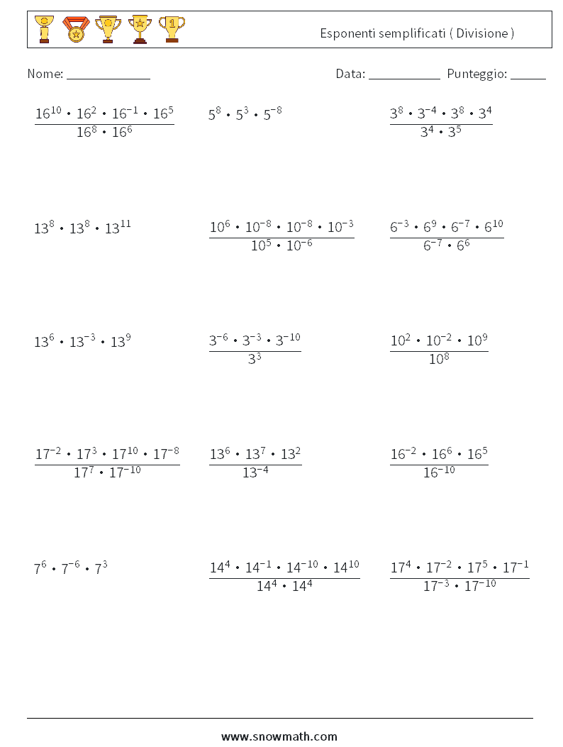 Esponenti semplificati ( Divisione ) Fogli di lavoro di matematica 1