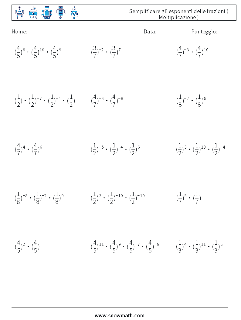 Semplificare gli esponenti delle frazioni ( Moltiplicazione ) Fogli di lavoro di matematica 1